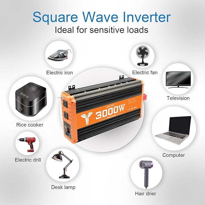 3000W Inverter 12V DC to 110V AC Converter for Home, RV, Truck, Off-Grid Solar Power Inverter with Built-in 5V/2.1A USB, AC Hardwire Port, Remote Controlle