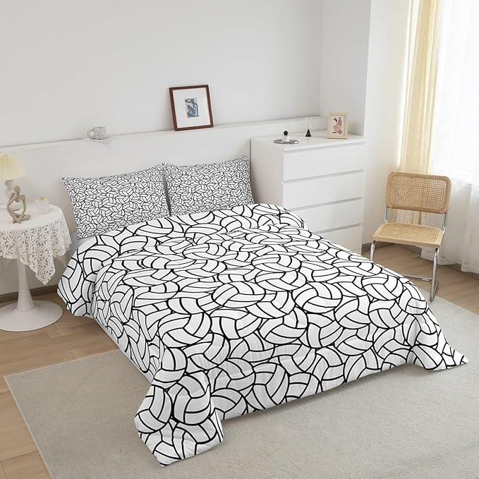 Feelyou King Size Volleyball Bedding Set Boys Girls Sports Game Comforter Set for Kids Women Men Ultra Soft Volleyball Player Comforter Black White Duvet Set Room Decor Quilt Set