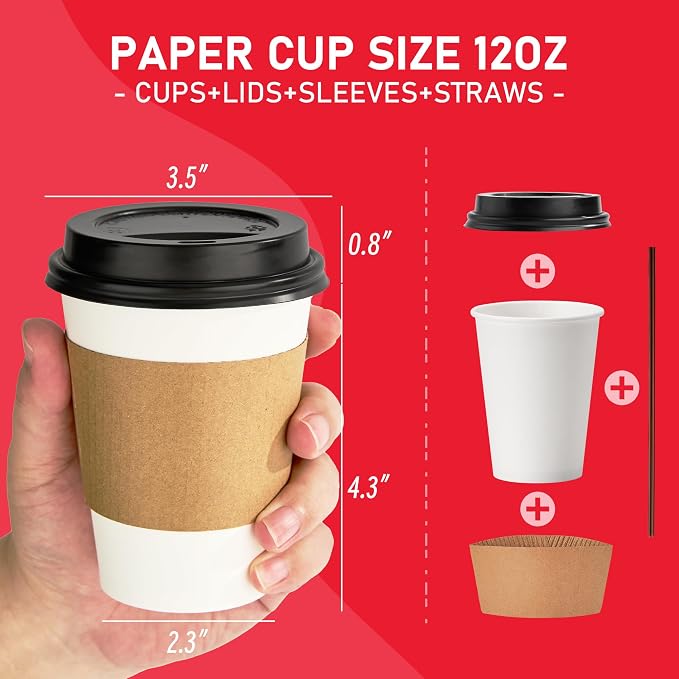 12 oz Paper Coffee Cups with Lids 100 Pack, Disposable Hot Coffee Cups with Lids, Sleeves and Stirring Sticks, To Go Cups, for Parties, Picnic, Travel, and Events