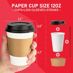 12 oz Paper Coffee Cups with Lids 100 Pack, Disposable Hot Coffee Cups with Lids, Sleeves and Stirring Sticks, To Go Cups, for Parties, Picnic, Travel, and Events