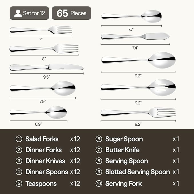 Luciella Tropea Flatware Set for 12, 65-Piece Premium 18/10 Stainless Steel Silverware Set with Serving Utensils, Modern Mirror Finish, Rust Resistant, Dishwasher Safe