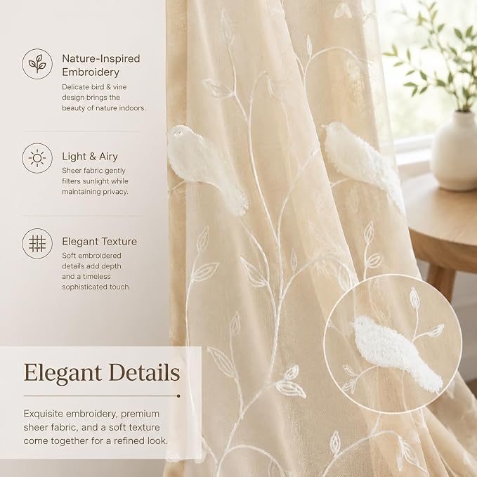 Sheer Curtains 96 Inches Long, Taupe Sheer Curtains Rod Pocket Bird Embroidered Curtains for Living Room/Bedroom, W60X L96, 2 Pieces | Filters Light Gently, Farmhouse Inspired Style, Rod Pocket Design, for Bedroom and Living Room