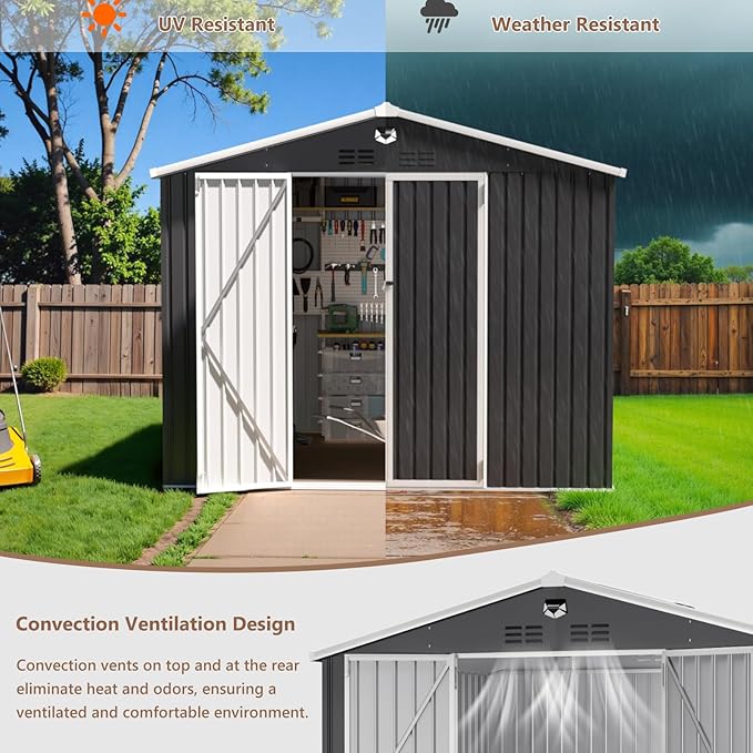 10x8 FT Outdoor Storage Shed, Metal Garden Shed - Tool Storage Sheds with Lockable Doors, Waterproof Outside Storage Building for Backyard, Patio (Black; Floor Not Included)