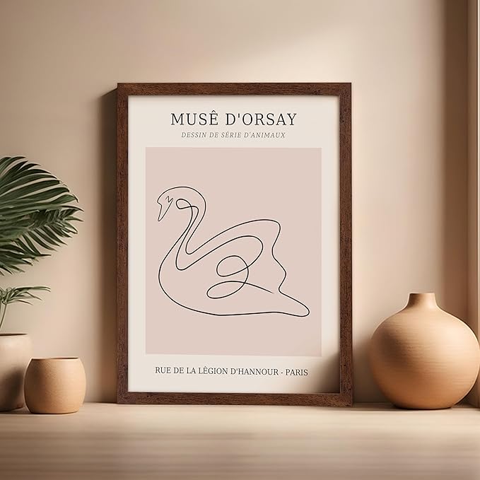 Poster Master Vintage Poster - Retro One Line Swan Drawing Print - Swan Art - Bird Art - Minimal Gift for Her, Animal Lover - Abstract Decor for Home, Office, Bedroom, 16x20 Brown Framed