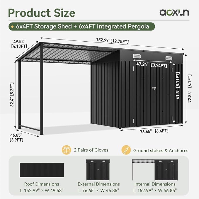 Aoxun 6x4FT Outdoor Storage Shed & Hardtop Gazebo Combo, 12x4FT Metal Lean to Shed with Open-Sided Pergola, 2-in-1 Durable Garden Tool Shed for Patio, Backyard, Deck