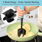 Ourokhome Meat Chopper and Potato Masher, Heat Resistant Nylon Ground Beef Smasher for Hamburger, 5 Curved Blades Nonstick Safe Mixer & Stirrer Practical Kitchen Gadgets, Teal