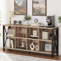 FATORRI 8 Cube Storage Organizer Bookshelf, Rustic Wood Cubby Bookcase, Industrial Horizontal Long Shelf for Living Room (Rustic Oak, 62 Inch)