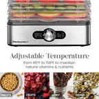 Elite Gourmet EFD3321 Food Dehydrator, Stainless Steel Trays & Finish | Adjustable temperature controls - makes jerky, herbs, fruit & veggies into dried snacks - doubles for meat & herb drying too