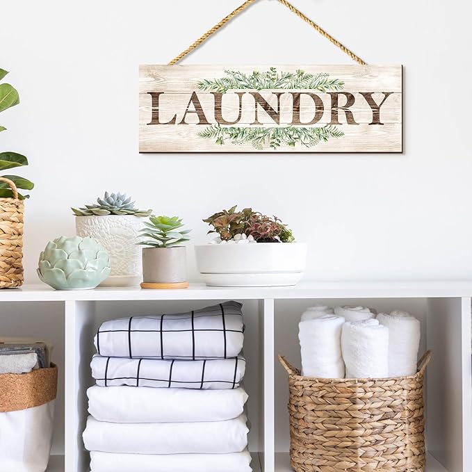 Bathroom Kitchen Laundry Pantry Sign Wall Decor 4 Piece, Wall Art with Plant Print, Rustic Farmhouse Wall Hanging Plaque Home Kitchen Decorative Bathroom, 4.7 x 13.7 inches