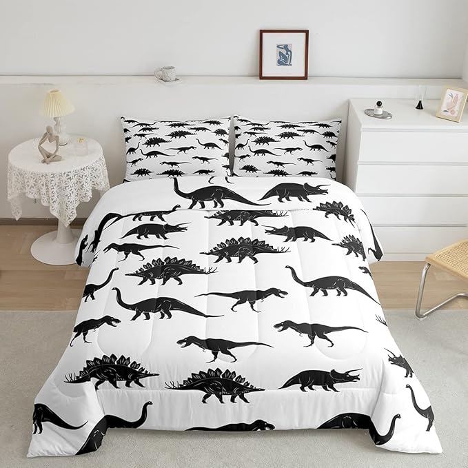 Erosebridal Dinosaur Bedding Set Dino Silhouettes Comforter Set Full Size, Wildlife Animals Black White Quilted Duvet for Kids Boys Teens Adult Bedroom Decor Dinosaurs Comforter with 2 Pillow Cases