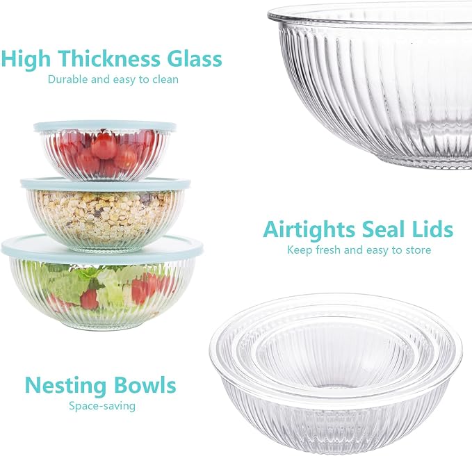 WhiteRhino Glass Mixing Bowls with Lids Set of 3(3.7QT, 2.1QT, 1.1QT),Large Kitchen Salad Bowls, Space-Saving Nesting Bowls, Clear Glass Serving Bowls for Cooking,Baking,Prepping,Dishwasher Safe