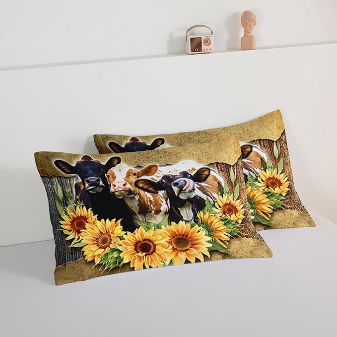 HOSIMA Farmhouse Animal Cow Comforter Western Bedding Sets Queen,Sunflower Comforter for Girls Boys Teens,Cow Print Bedding Room Decor,Floral Comforter Set with 2 Pillowcases.