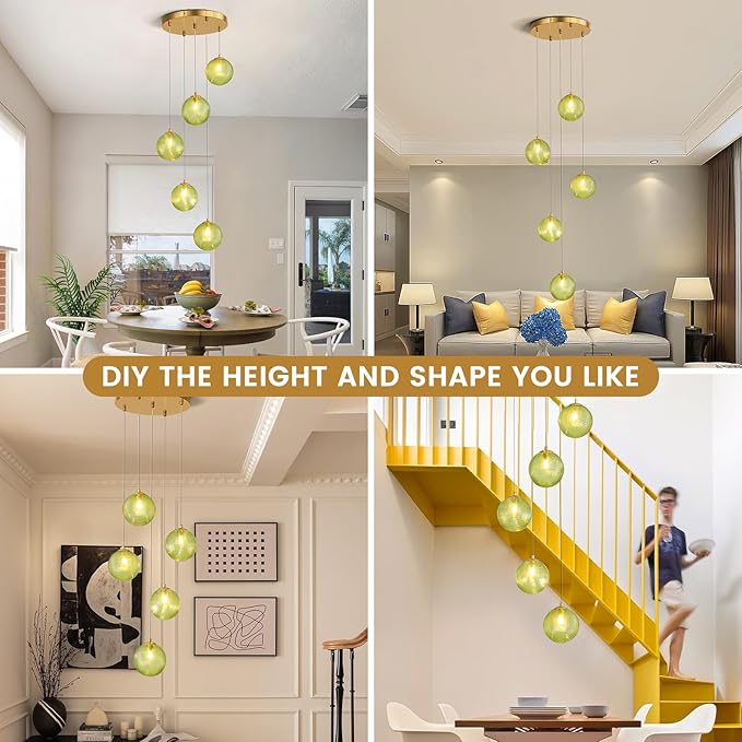 5-Light Chandelier, Globe Green Glass Flush Mount Pendant Light,15W Ceiling Hanging Light for Staircase Foyer Entryway Living Room Hotel Kitchen Island（3000K,G9 Bulbs Include）