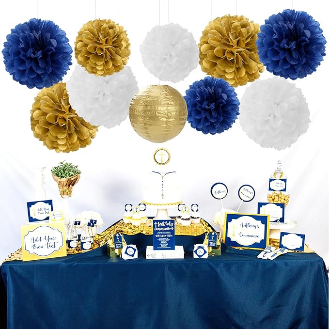 Navy-Blue Gold Party-Decorations Paper-Flowers Lanterns - 15PCS Royal White Baby Bridal Shower Tissue Pom Poms Streamers, Bachelorette Birthday Wedding Graduation Hanging Supplies Decor Hugfond