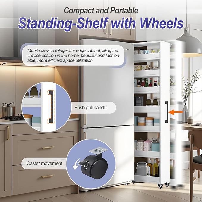 7-Tier Slim Storage Cart, Wooden Rolling Pantry Cabinet with Wheels, Narrow Shelf Organizer for Kitchen, Bakers Rack, Dining Room, Closet, Small Spaces Dark Walnut 73.2''H*5.9''W*23.6''D