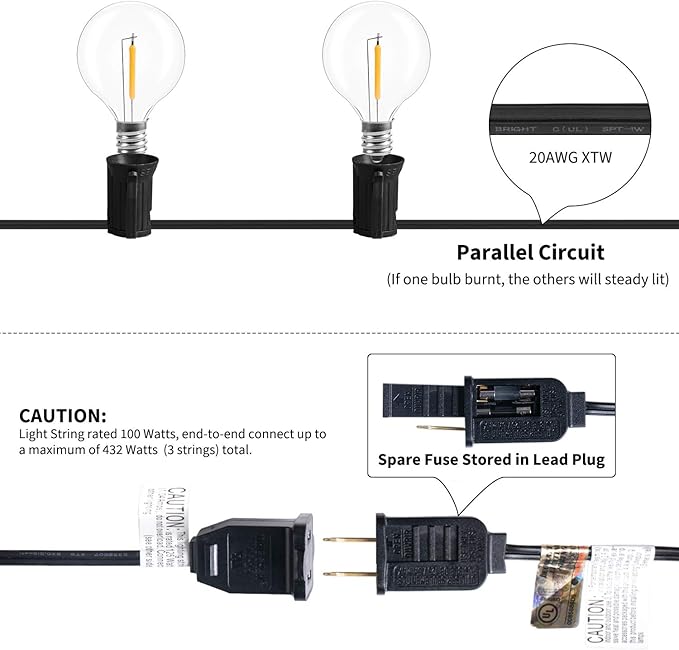 LED G40 Outdoor String Lights Patio Lights 100FT with 104 LED Shatterproof Bulbs, Weatherproof Commercial Hanging Lights for Backyard Bistro Pergola Party Decor, E12 Socket Base, 2200K, Black
