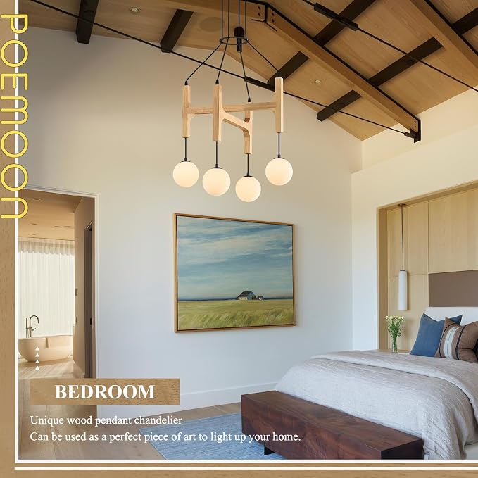 Natural Farmhouse Wood Chandeliers Vintage Milk Glass Pendant Light L24 '' Mid Century Long 4-Light Hanging Fixture for Living Dining Room Entryway Foyer Bedroom Kitchen,G9
