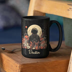Astronaut with Moon and Wildflowers Coffee Mug, Custom Name Ceramic Cup 11oz 15oz, Unique Astronaut Coffee Cup for Friends, Personalized Astronomy Black Mug, Gifts for Birthday