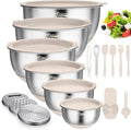 Wildone Mixing Bowls with Airtight Lids, Stainless Steel Mixing Bowls Set | Metal Bowls with 3 Grater Attachments & Non-Slip Bottoms, Size 5, 4, 3, 2,1.5, 0.63QT, Includes Utensil Set for Prep, Khaki
