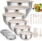 Wildone Mixing Bowls with Airtight Lids, Stainless Steel Mixing Bowls Set | Metal Bowls with 3 Grater Attachments & Non-Slip Bottoms, Size 5, 4, 3, 2,1.5, 0.63QT, Includes Utensil Set for Prep, Khaki