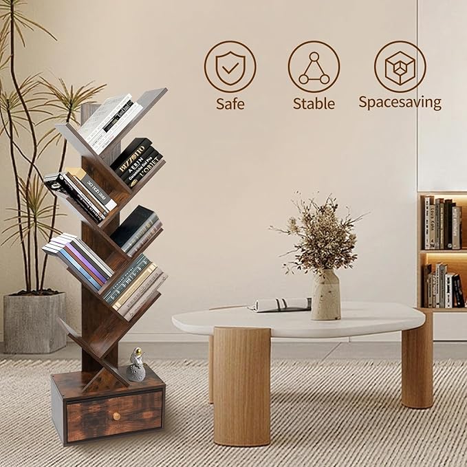 8-Tier Bookshelf Tree Bookshelf Book Tree with Drawer Wooden Bookshelves Storage Rack for CDs/Books, Shelves for Bedroom, Living Room & Office (Rustic Brown)