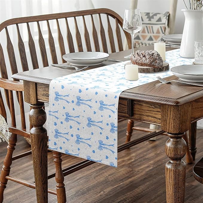 Coquette Bows Table Runner 13" x 108" Blue Watercolor Bow Kitchen Dining Table Decor for Home Party Sweetheart Home Decor for Living Room Dresser Scarfs Dresser Runners Cute Bowknot Table Decoration
