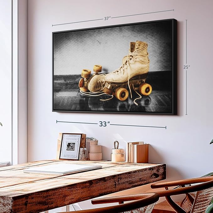ElephantStock Vintage Skates Pop Wall Art - Horizontal Framed Canvas - 1-Piece Living Room Wall Decor - Sport Photography Canvas Print - Beige and Black Decor for Wall - 37" X 25"