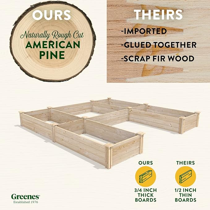 Greenes Fence Original Pine Raised Garden Bed, 8' x 8' x 10.5" U-Shaped Bed - Made in USA with American Pine