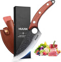 Huusk Hand Forged Viking Knife with Sheath for Kitchen Camping BBQ | Japanese Butcher Knife for Meat Cutting, High Carbon Steel Chef Knives with Ergonomic Wood Handle, Gifts for Men