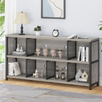LVB Industrial 4 5 6 7 8 Cube Bookcase, Rustic Wood Metal Horizontal Bookshelf, Modern Wide Cube Organizer Storage Shelf, Large Long Low Book Shelf for Office Bedroom Living Room, Light Grey Oak 63 In