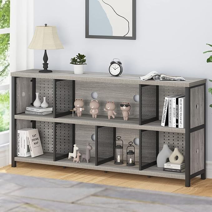 LVB Industrial 4 5 6 7 8 Cube Bookcase, Rustic Wood Metal Horizontal Bookshelf, Modern Wide Cube Organizer Storage Shelf, Large Long Low Book Shelf for Office Bedroom Living Room, Light Grey Oak 63 In