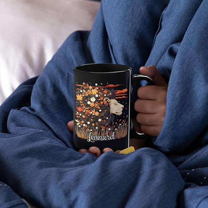 Personalized Lion Lover Cup with Vibrant Floral, Custom Name Coffee Mug 11oz or 15oz, Custom Nature Inspired Ceramic Cup, Artistic Lion Black Coffee Mug, Gifts for Women, Men