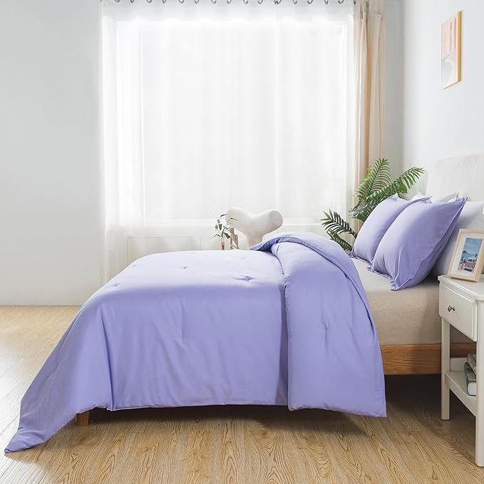 Full Size Lavender Purple Comforter Set, Solid Down Alternative Soft Boho Bedding Comforter Set, Breathable Fluffy Skin-Friendly Comforter for All Seasons with Pillowcases