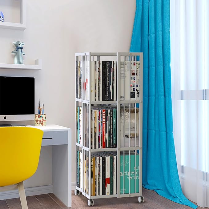 Rotating Bookcase White 3 Tiers Metal Large Capacity Bookshelf, 360°Cubic for Small Space with Storage and Creative Multi-Layer Shelves,Magazine Books for Bedroom Living Room Study Office