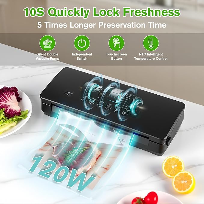 120W Power Vacuum Sealer for Food, Food Sealer Machine with 5 Molds include Dry, Moist, Pulse, Seal, Canister, Accessory, Built in Cutter & Vacuum Bags Storage, with 1 Bag Rolls