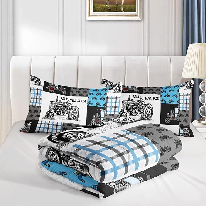 Axolotl Tractor Comforter Set Queen Size,Cartoon Truck Car Comforter Set for Boys,Farm Excavator Bedding Set with Old Tractor for Kids Boys Teens Adult All Season,1 Quilt 2 Pillowcases