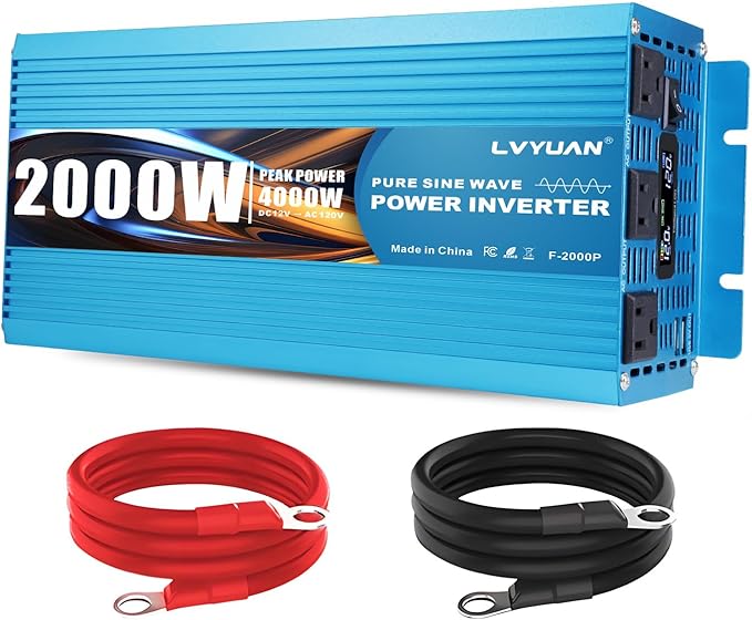 LVYUAN 2000 Watt Pure Sine Wave Inverter 12V to 110V 120V DC to AC with LCD Display, 3 U.S. Outlet, USB Charger Ports, Car Power Inverter for Vehicles, RV, Outdoor, Home