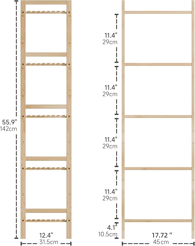 Tall Narrow Bookshelf, 5 Tier Bathroom Shelf Bamboo, Floor Standing Display Storage Organizer for Small Space, Adjustable Shelves, Natural Wood Bookcase
