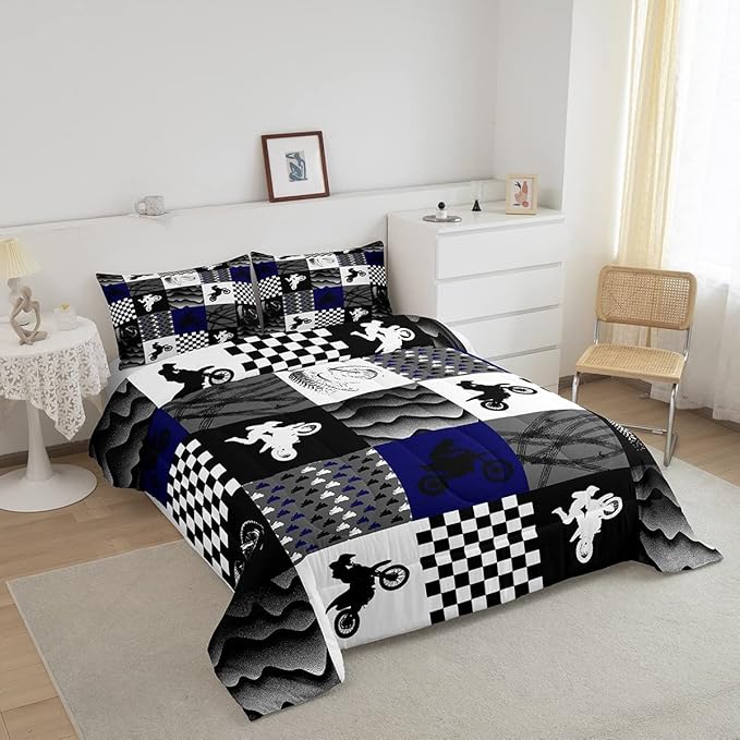 Dirt Bike Comforter Set, Motocross Rider Bedding Comforter Sets Twin, Motorcycle Grunge Down Comforter For Kids Boys Adult Men, Motorbike Extreme Sport Game Comforter, Buffalo Plaid, Blue Grey Black