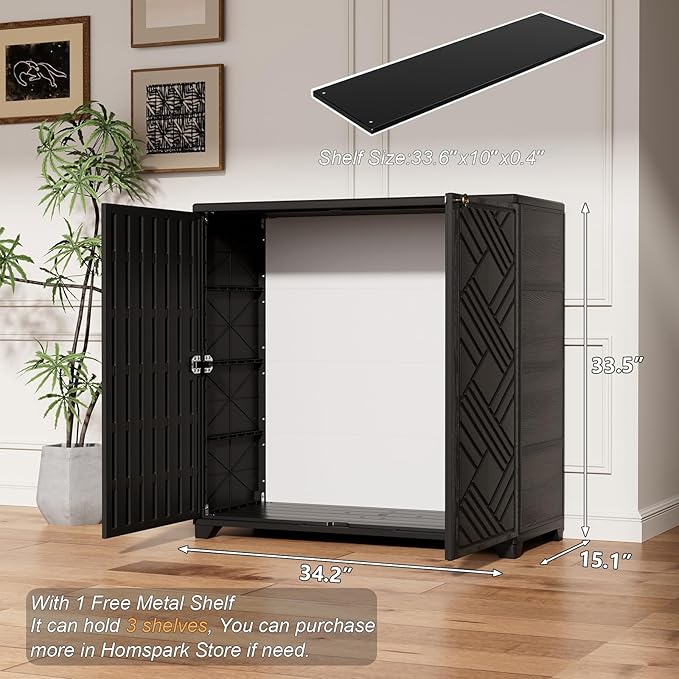 HOMSPARK Indoor/Outdoor Storage Cabinet with Doors and 1 Shelf, 34”x15”x34” HDPE Plastic Storage Box for Bedroom, Bathroom, Living Room, Balcony, Multi-Purpose for Daily Tools, Black