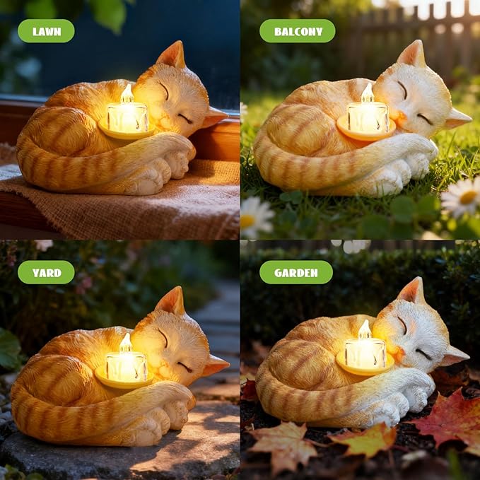 Sleeping Cat Candle Holder Statue Realistic Resin Cat Figurine with Candle Tray Outdoor Garden Decor for Patio Yard or Indoor Use for Cat Lovers Women and Memorials Orange