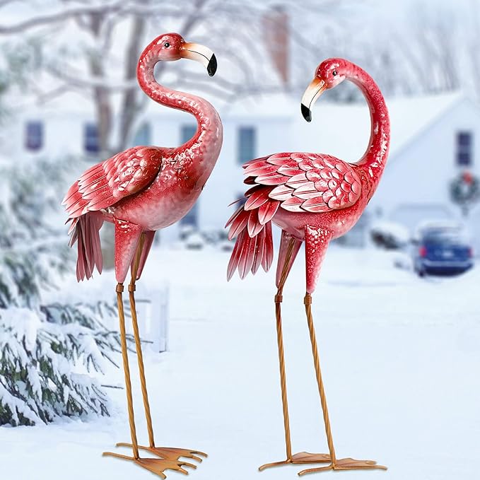Kircust Flamingo Garden Statues and Sculptures, Metal Birds Yard Art Outdoor Statue, Large Pink Flamingo Lawn Ornaments for Home, Patio, Backyard Decor (2-Pack)