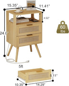 Rattan Nightstand with Charging Station,Modern Bedside Table with 2 Storage Drawer and Open Wood Shelf, for Bedroom and Small Spaces,Night Stand with Solid Wood Legs (Yellow Oak)