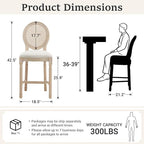 French Country Barstool, Linen Farmhouse Counter Height Chair | Set of 2, with Rattan Round Back and Solid Wood Legs, Oval Chairs for Restaurant, Bar, Kitchen, Café,Beige