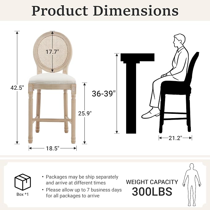French Country Barstool, Linen Farmhouse Counter Height Chair | Set of 2, with Rattan Round Back and Solid Wood Legs, Oval Chairs for Restaurant, Bar, Kitchen, Café,Beige