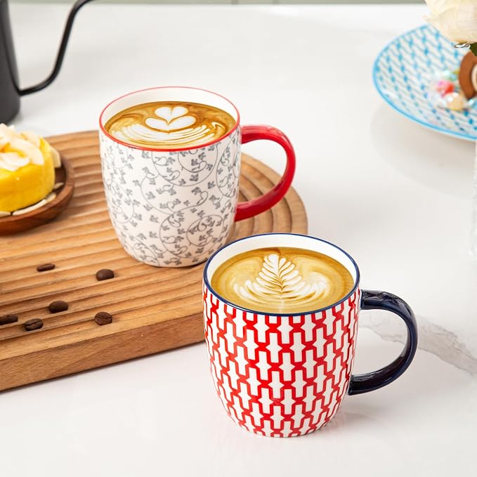 Ceramic Coffee Mugs Set - 10 Oz Large Porcelain Tea Cups with Handle for Milk Cappuccino Latte Tea Cocoa - Microwave Dishwasher Safe - Christmas Housewarming Gift -Set of 6 - Assorted Colors