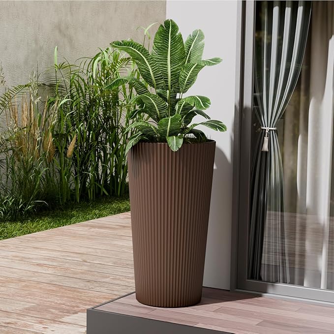 23.6" Tall Planters for Outdoor Plants,Large Outdoor Planters for Front Porch Decor with Drainage Hole, Flower Pots Fits Indoor Plants Patio/Garden, Plastic Striped Brown(2 Pack)