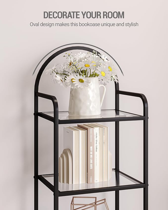 Bookcase Bookshelf, Tempered Glass Bookshelves, Slim Shelving Unit for Bedroom, Bathroom, Home Office, Steel Frame, 6 Tier Black BC10601B