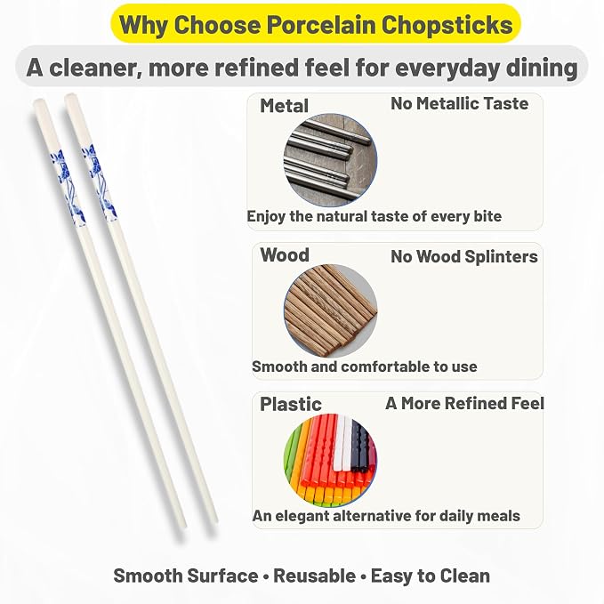 Porcelain Chopsticks Set of 5 Pairs, Reusable Bone Ceramic Chopsticks, Dishwasher Safe, Non-Slip Design, Elegant Gift Box for Family or Restaurant Use (lotus)