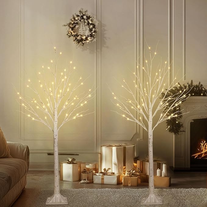 2 Pack 4FT 100LED Christmas Lighted Birch Tree, Timer Function Prelit Artificial Tree Lamp Plug in with Warm White Lights, 2 Modes Twinkling Twig Trees for Indoor Outdoor Party Christmas Decorations